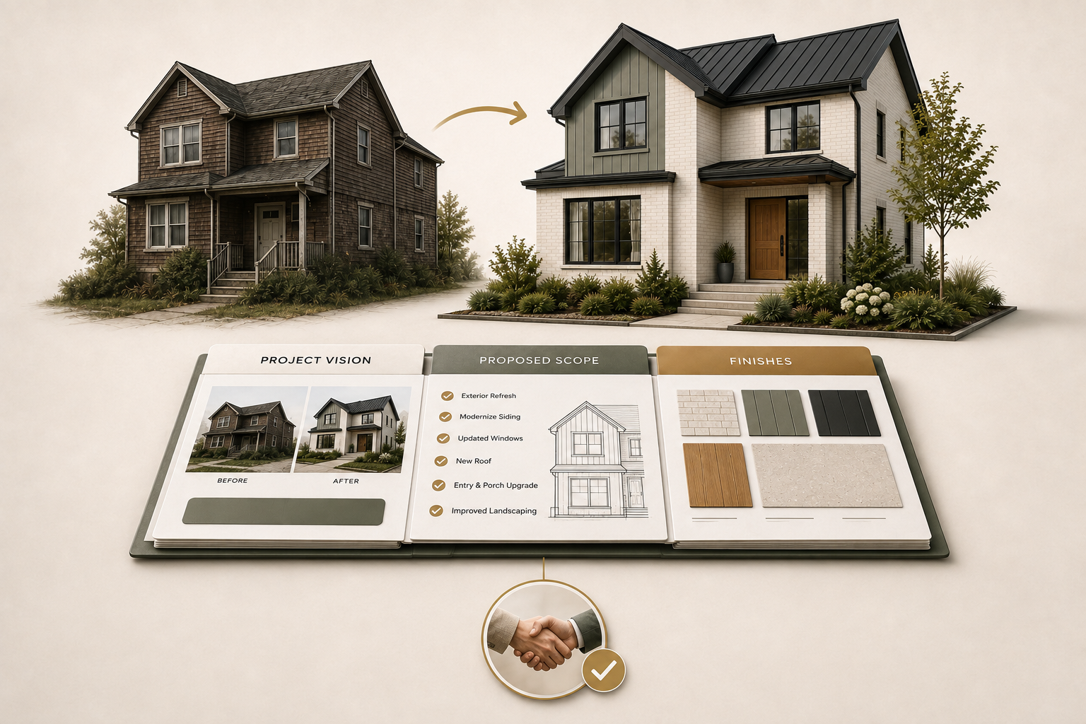 A neglected house transformed into a modern renovation concept, supported by a professional scope and finishes presentation that helps a homeowner approve the project
