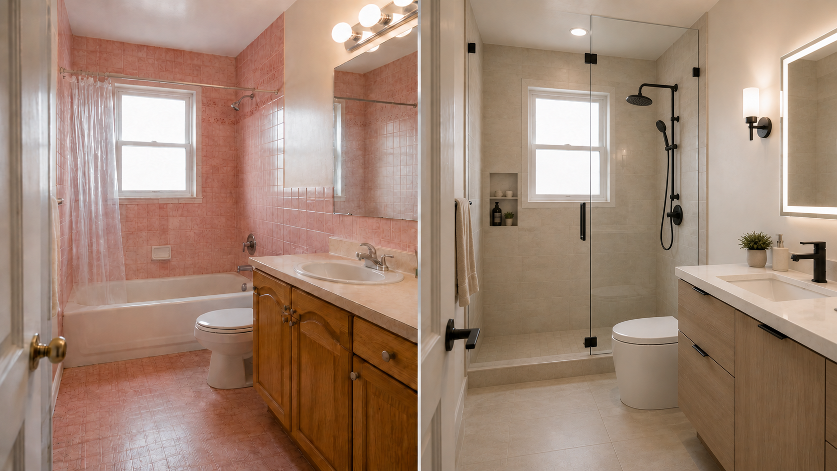 Small bathroom renewal before and after conceptual visualization