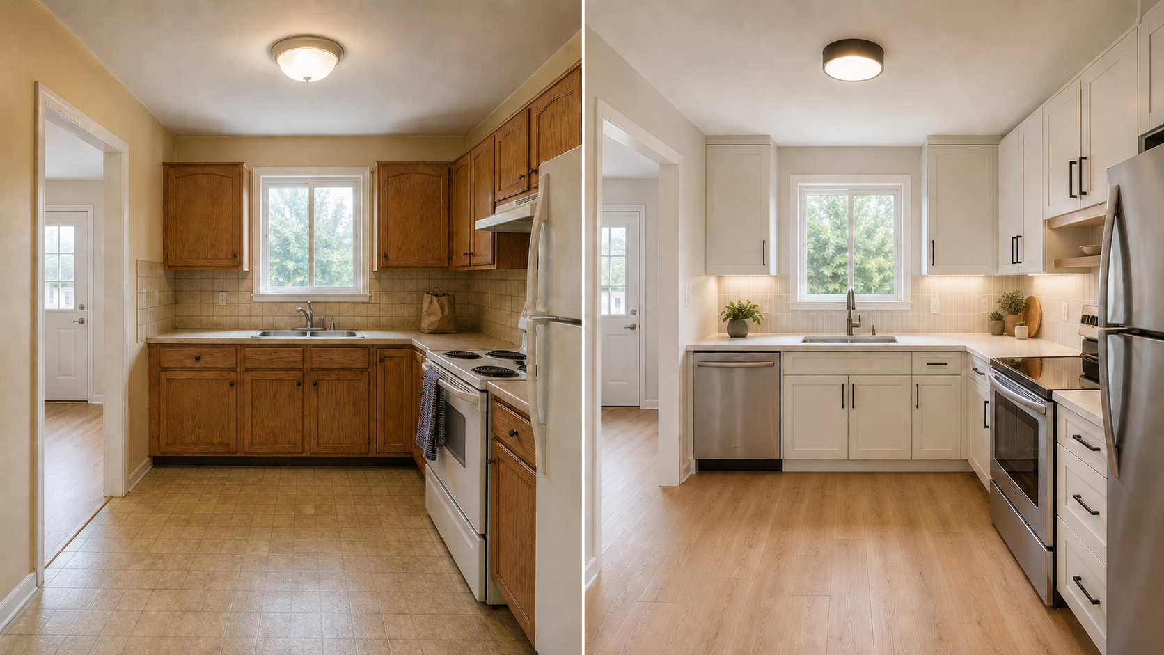 Warm modern kitchen before and after conceptual visualization